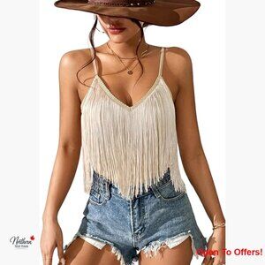 Fringe Tank Top with Tassels, V-Neck Camisole for Western Festival Outfits